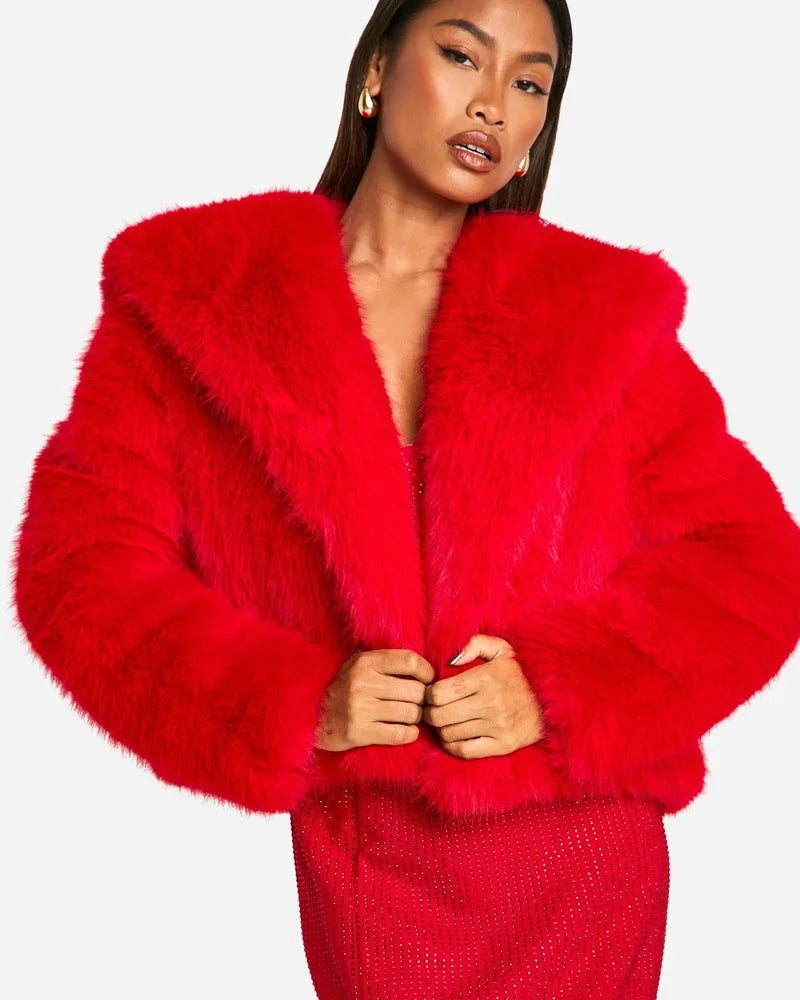 Faux Fox Fur Coats Women Short Jackets Solid Turn Down Collar Long Sleeve Open Stitch Loose Thick Office Lady Casual 2025 Winter