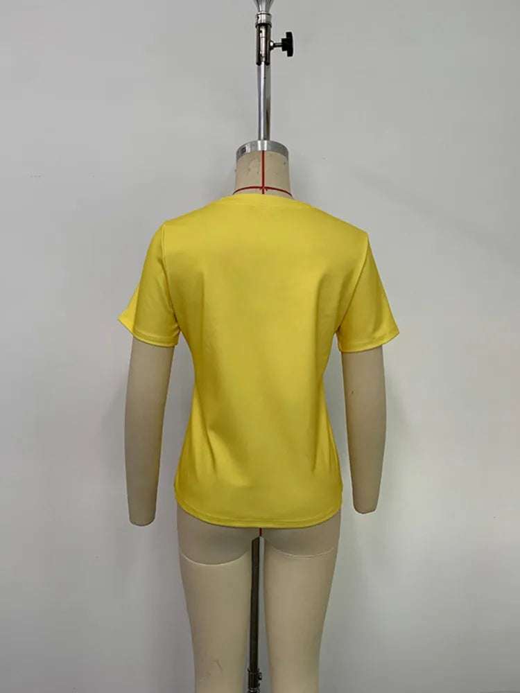 Women's 2026 New Summer Fashion  Floral Printed Tops Short Sleeves Round Neck Slim-Fit Casual Fashion Yellow T-shirts