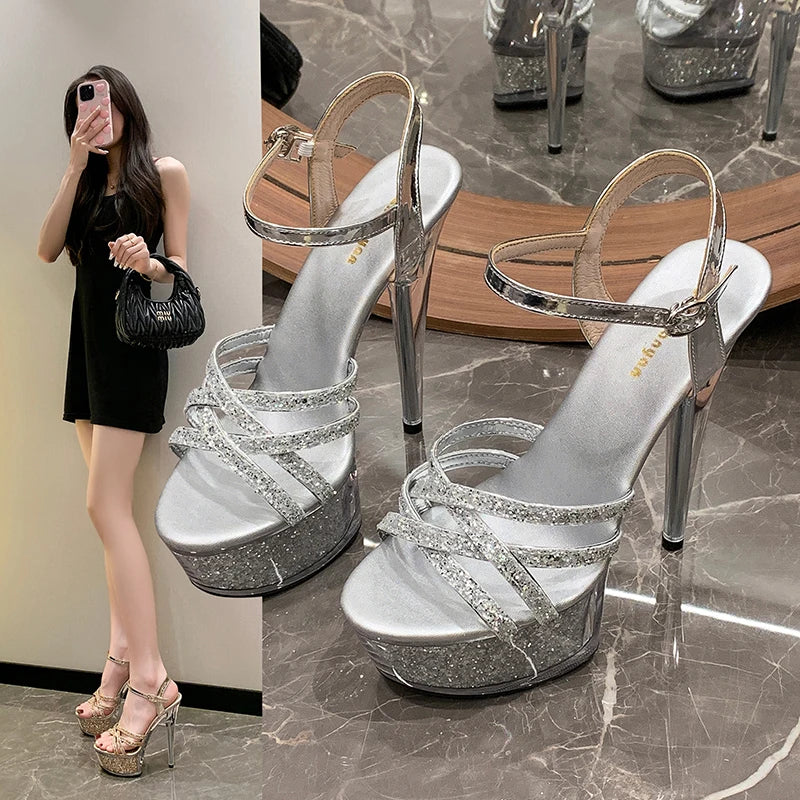 2024 New Women Narrow Band Sandals Transparent Platform High Heels Summer 15CM Stiletto Heels Silvery Sequin Wedding Dress Shoes