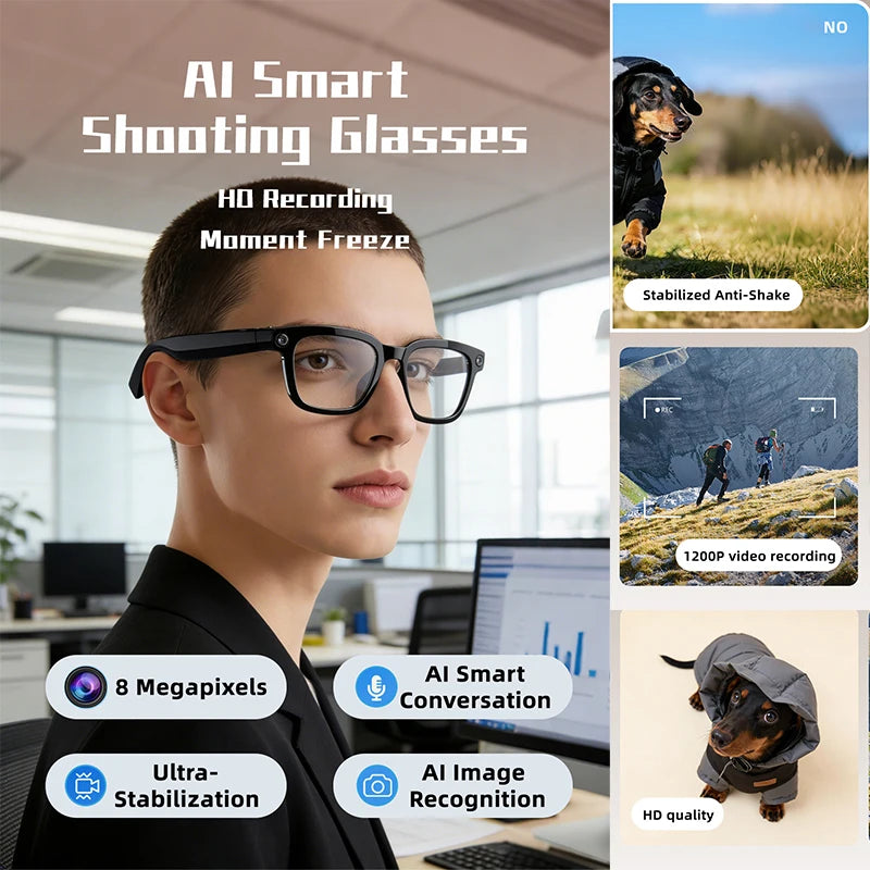 AI Smart Glasses 800W Camera Recording AI Photo Recognition BT Call Real Time Translation Voice Assistan Sunglasses Men Women
