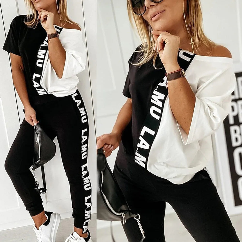 2023 Women's Spring Summer Sportswear Two-piece Set With Patchwork Letters Short Sleeved Long Pants Casual Women's Two-piece Set