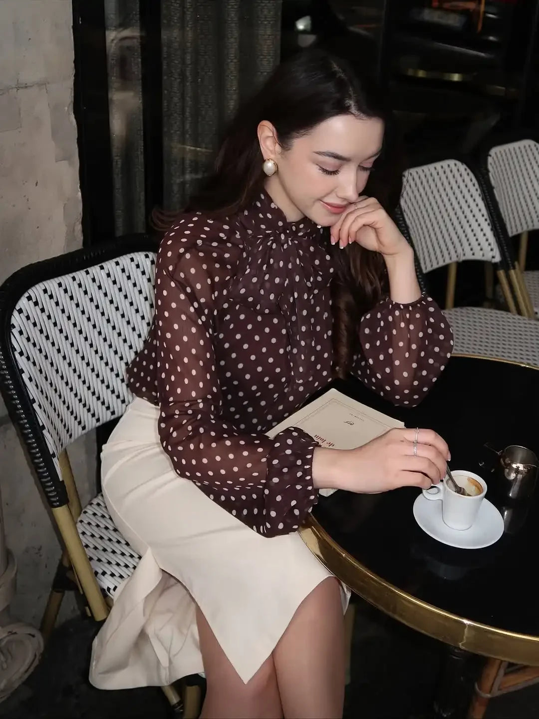 Polka Dot Lace Up Bow Shirt Women Casual Long Lantern Retro Sleeve Pleated Loose Blouse Lady 2026 Spring Commute Office Outwears