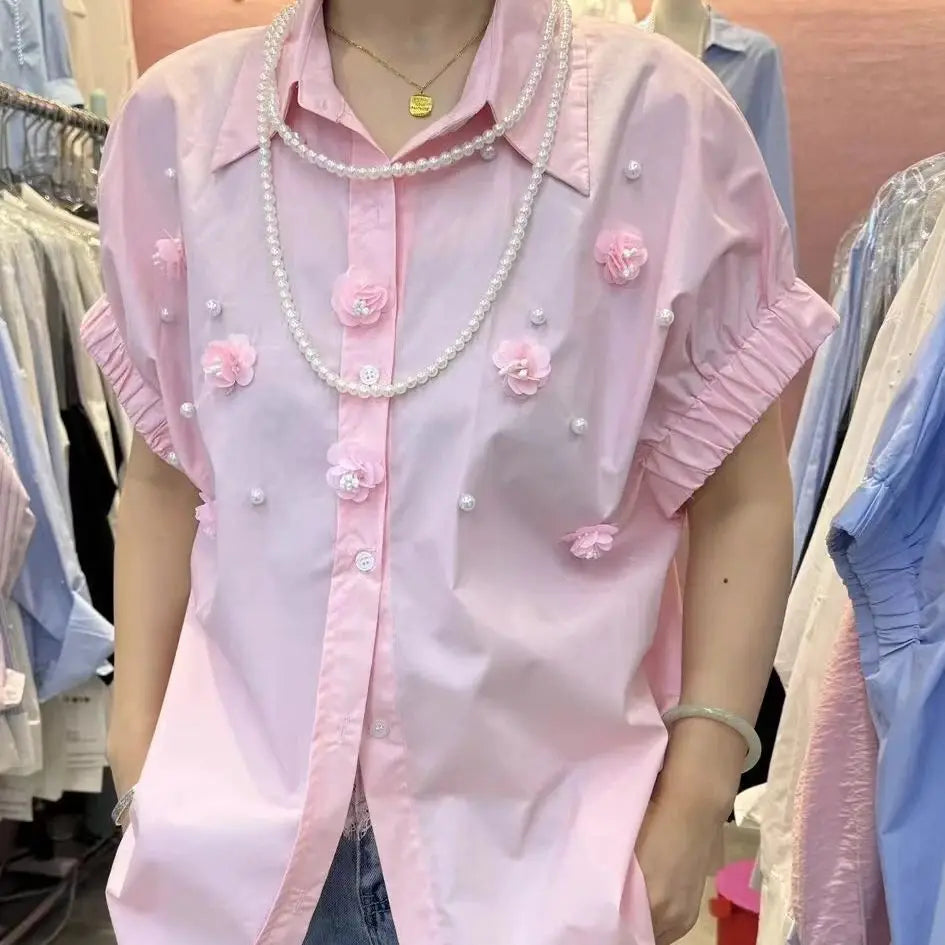 2025 Summer Trend New Cotton Blouses Shirts For Women Long Sleeve Loose Casual 3D Flowers Beaded Shirts Tops Camisas De Mujer