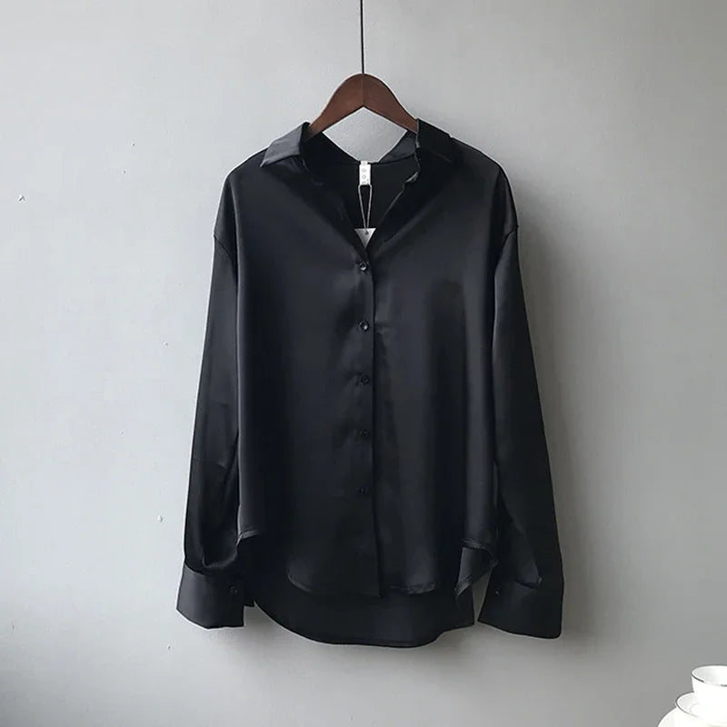 Women’s Turn-Down Collar Satin Blouse Top