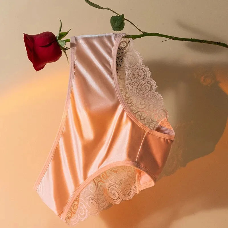 Women's Panties Silk Satin Underwear Lace Sexy Lingerie Breathable Mid Waist Female Briefs Comfortable Panty Underpants