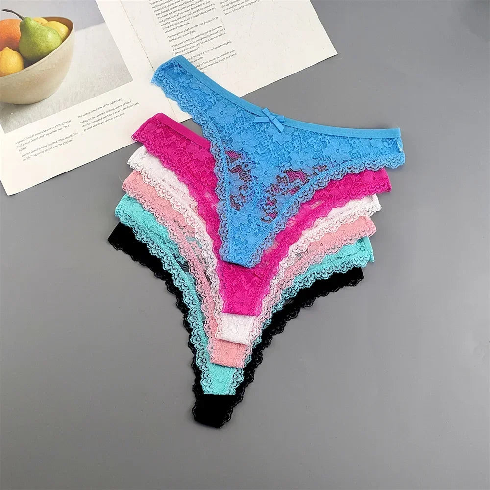 S M L XL XXL Plus Size Sexy Cozy Lace Cotton Thongs Underwear Lingerie for Women Seamless T-back Ladies Transparent G-string 3PC