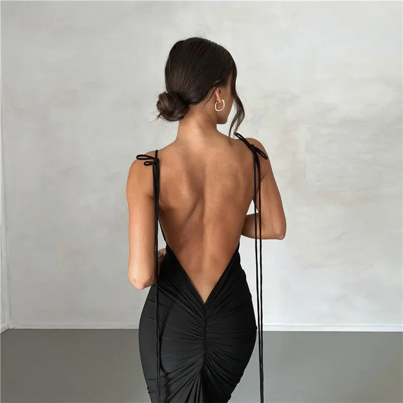 Y2k Elegant Deep Open Back Backless Slim Maxi Dress Women Spaghetti Strap Sleeveless Bodycon Long Dress Sexy Club Party Vestidos