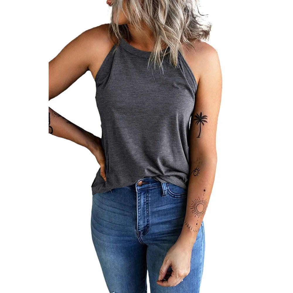 2026 Women's Summer Clothing Top Halter-neck Vest Shirts Women Wear Solid Color Slim-fit Sleeveless Round Neck Blouse For Women