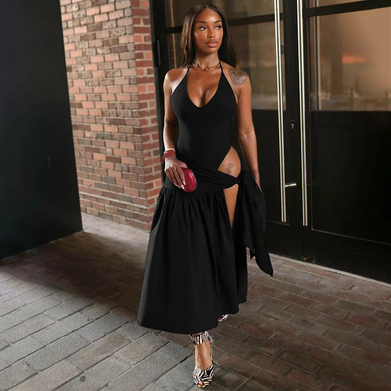 CM.YAYA Elegant Women's Set Sleeveless Strap Bodysuit +Long Skirts Set Autumn Tracksuit Sexy 2024 Tie Up Two 2 Piece Set Outfits
