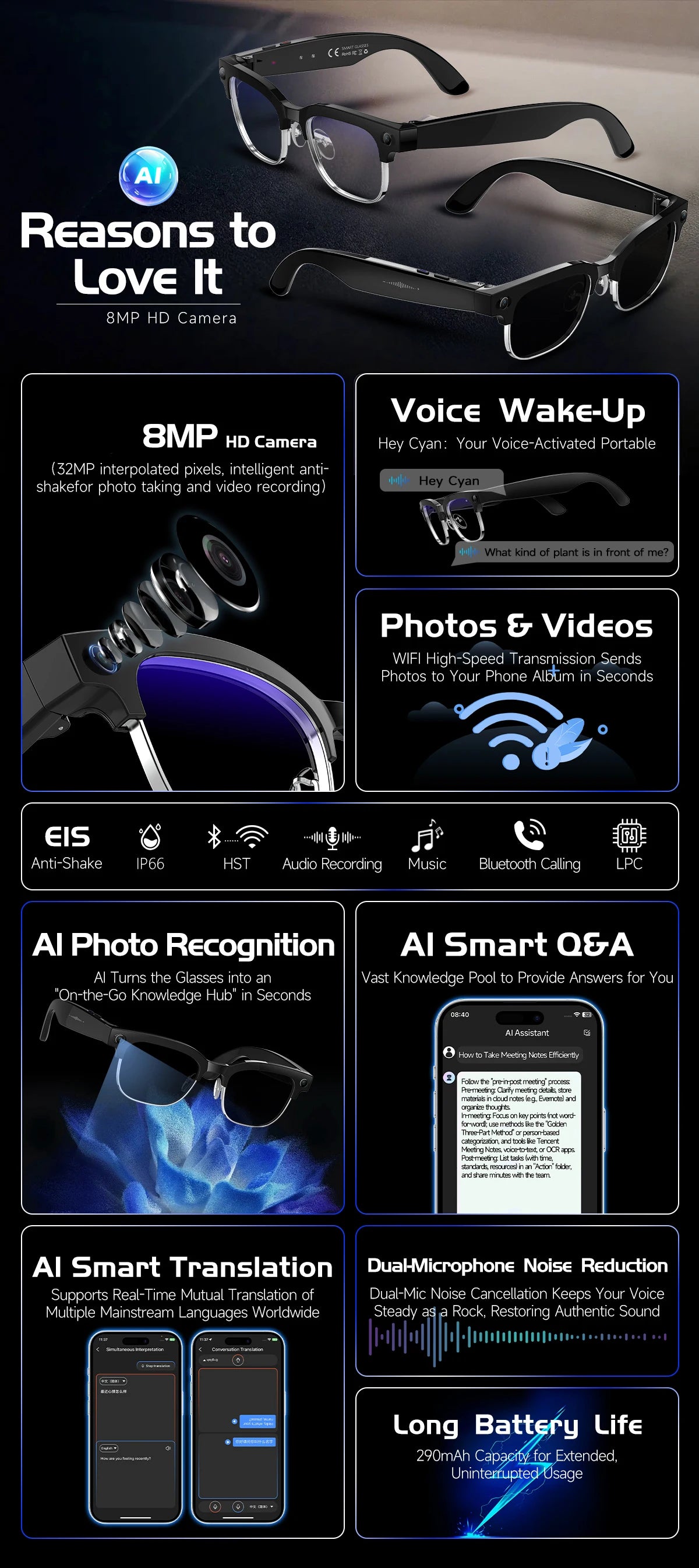 2026 New AI Smart Glasses 8MP HD Camera AI Object Recognition AI Translation 4K ULTRA HD IP66 Waterproof BT Call Smart Glasses