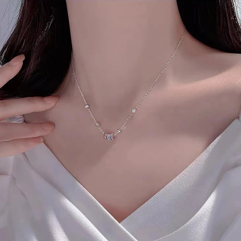 New 925 Sterling Silver Girls Handmade Round Colored Circled Choker Zircon Stone Necklace Simple Shaped Pendant Women's Wedding