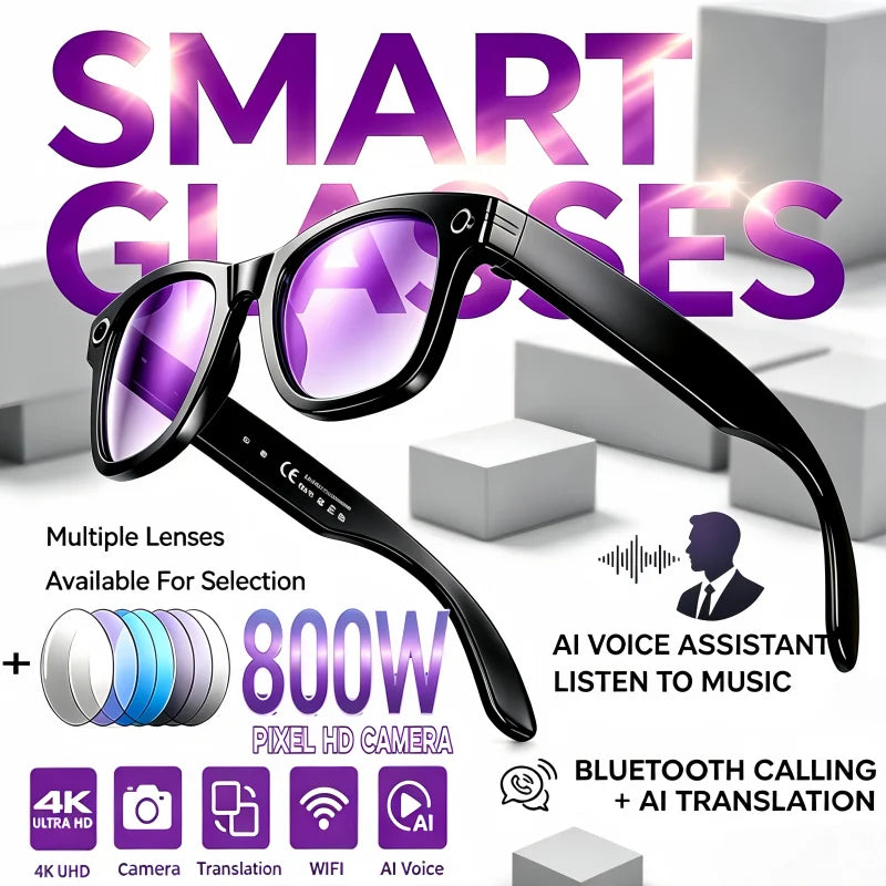 AI Smart Glasses with Camera 4K HD Video and PhotoCapture Real-TimeTranslation Voice Recording Open-Ear Audio Object Recognition