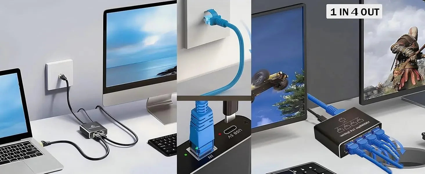 LccKaa 1000Mbps RJ45 Splitter 1 To 2/3/4 Adapter Network Splitter Cable Extender Gigabit LAN Connector for PC Laptop TV Router
