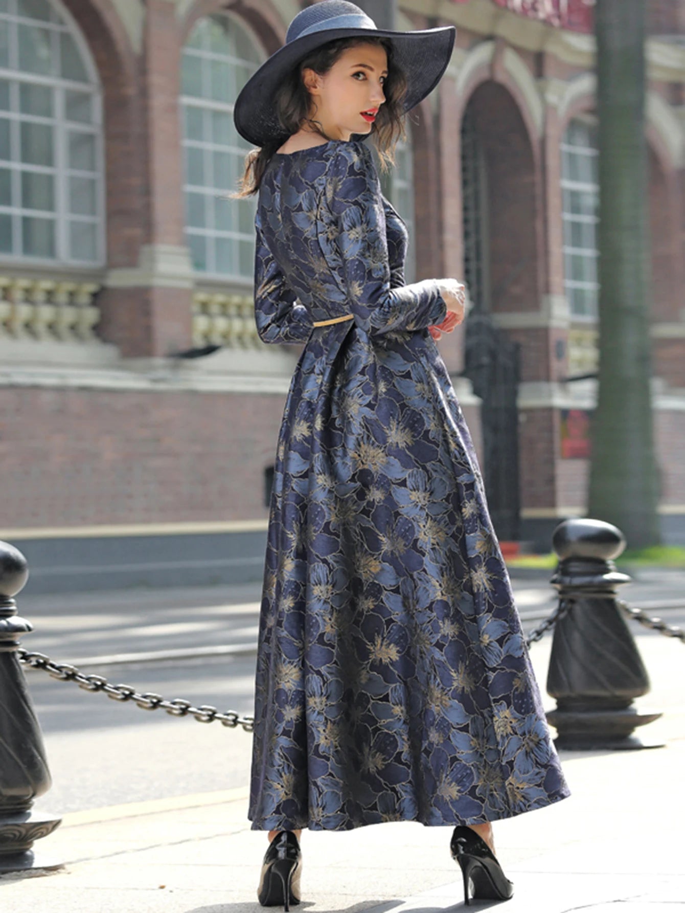 DEVCHATA Quality Elegant Women Long Sleeve Maxi Dress Floral Jacquard V Neck Lady Autumn Winter Party Fashion Formal Vestidos