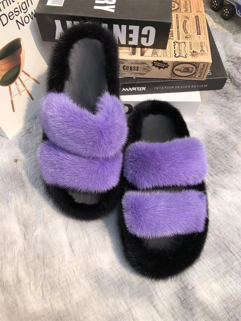 Mink Fur Slides Women's Slippers Thick-soled Sandals Summer Slipper Shoes for Woman Sandals Fashion Beach Slippers EVA Slides