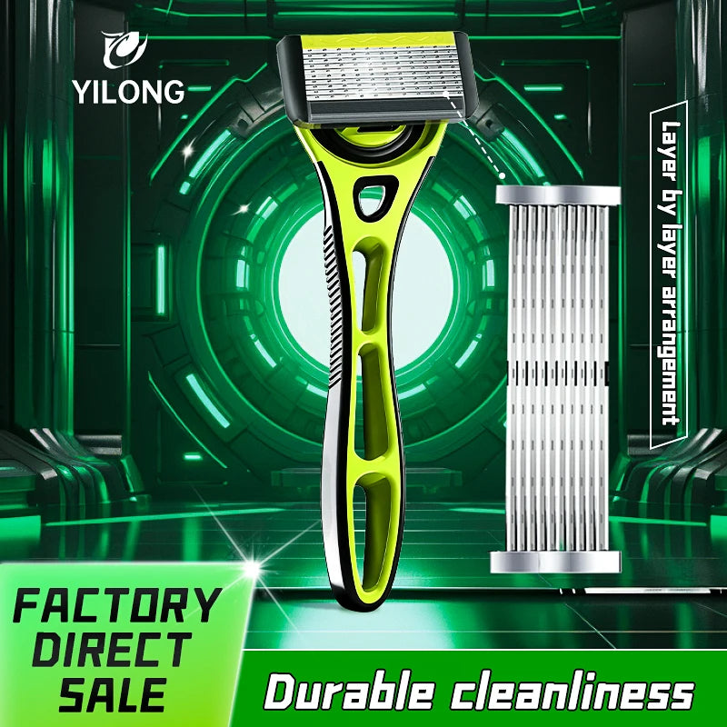 10 Layer Shaver Razor (1 Razor Holder + 4 Blades Head)Cassette Shaving Razor Set Green Body Face Hair Removal Knife for Gift Men