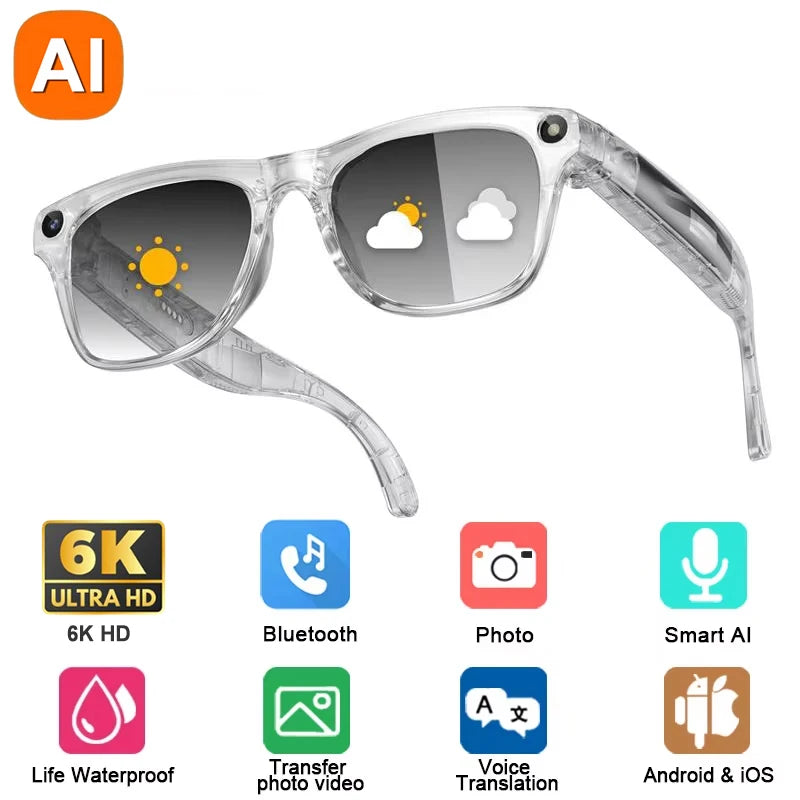 6K HD AI Camera Glasses 800MP Photochromic Multifunctional Smart Glasses Bluetooth Calling Photo Video ChatGPT Music Translation