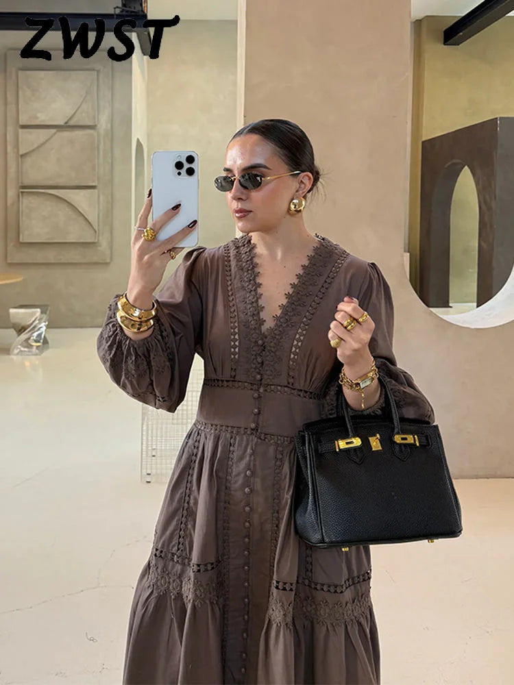 Elegant Hallow Out Long Dress Women Lantern Sleeve Deep V-neck Single Breasted Loose Dresses 2025 Fashion Solid Office Robe Lady