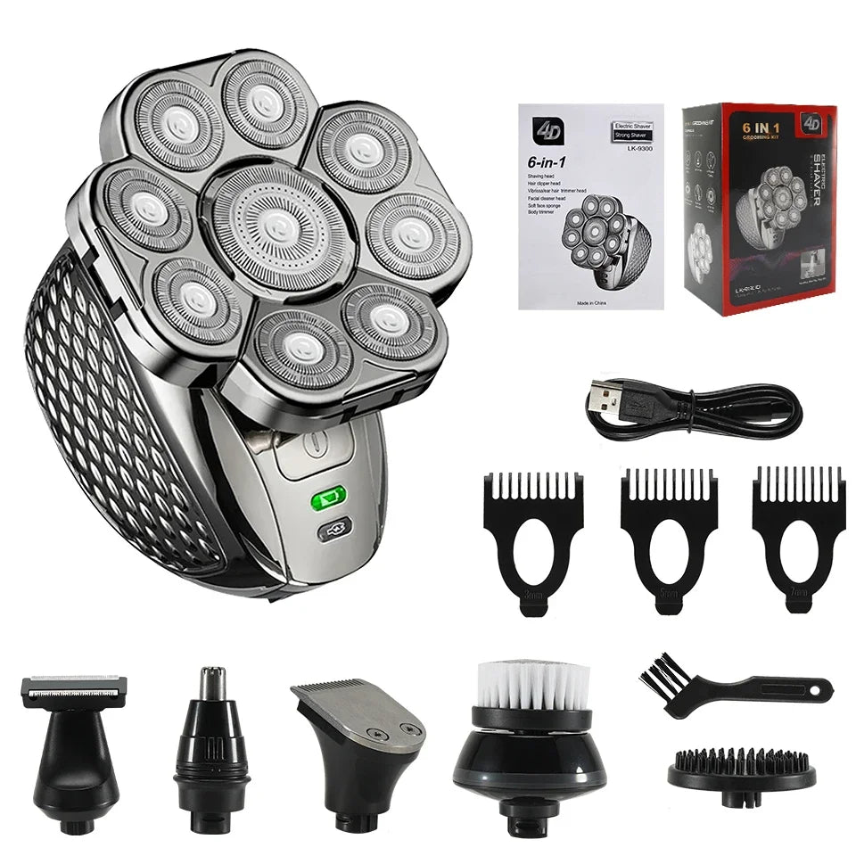 6 in 1 Professional men Waterproof electric shaver with 9 Cutter Floating Head, USB Rechargeable Multifunction Grooming Kit