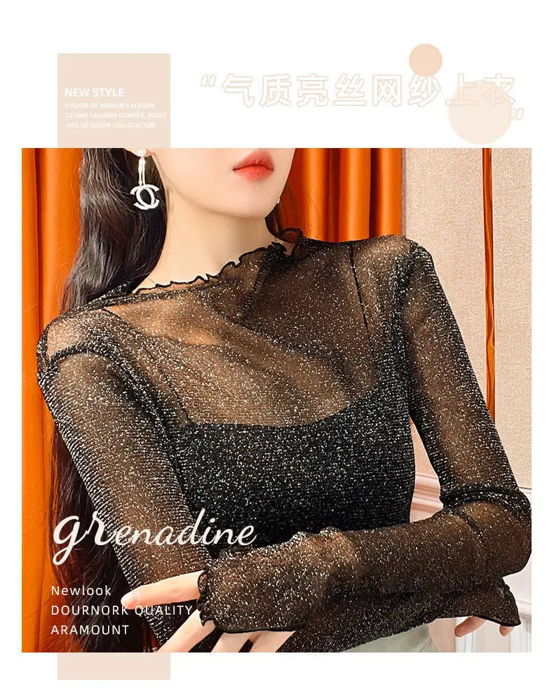 Sexy Women T Shirt See Through Transparent Mesh Tops Long Sleeve Sheer Slim Female Turtleneck Bright Silk T-Shirt Lace Crop Top