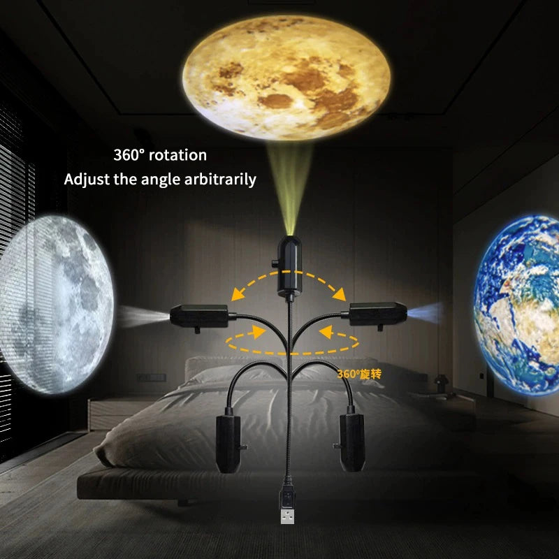 【C】USB Ceiling Moon & Earth Projection Night Light Starry Sky Galaxy Projector - Romantic Bedroom Atmosphere Lamp Easy to Use