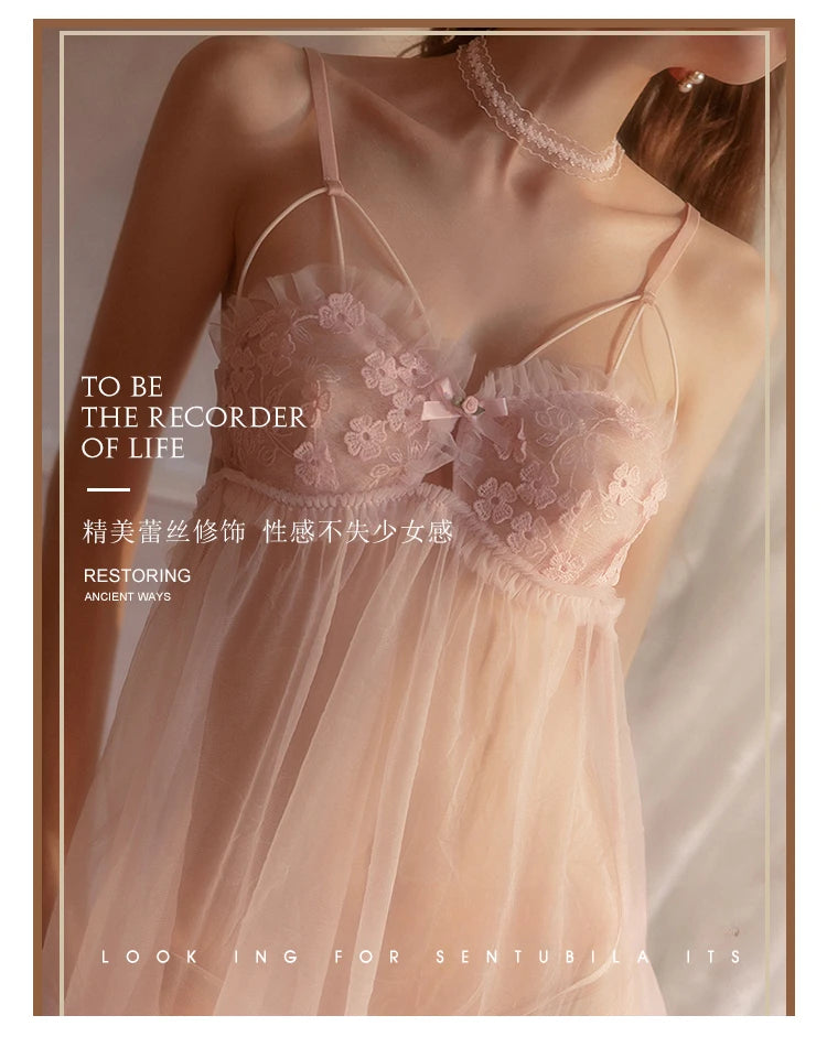Pink Kawaii Lingerie dress Lolita Nightwear Sexy Lace Tulle Sweet Pink Sling Night Private Room Underwear Women Night Gowns 2024