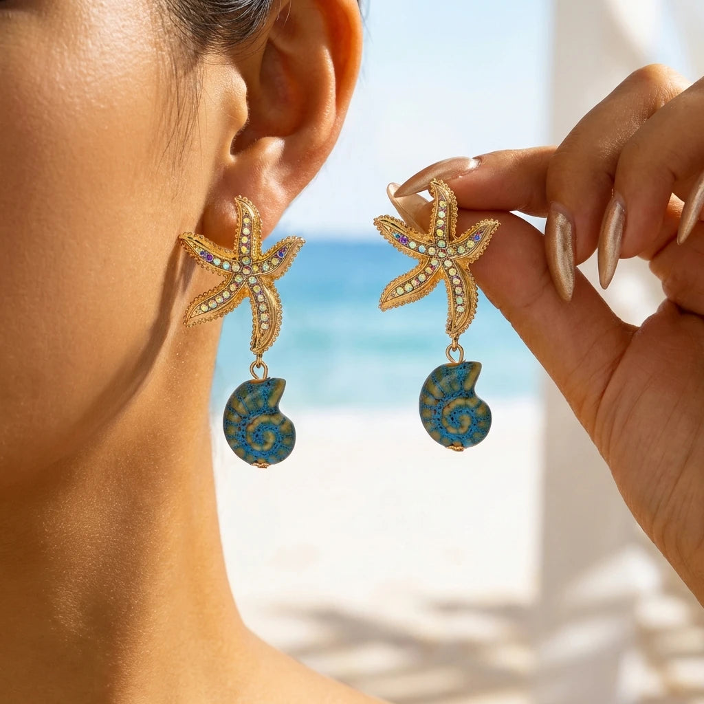 Bohemia Gold Color Metal Starfish Long Tassel Drop Earrings For Women Crystal Zircon Conch Shell Scallops Earring Beach Jewelry