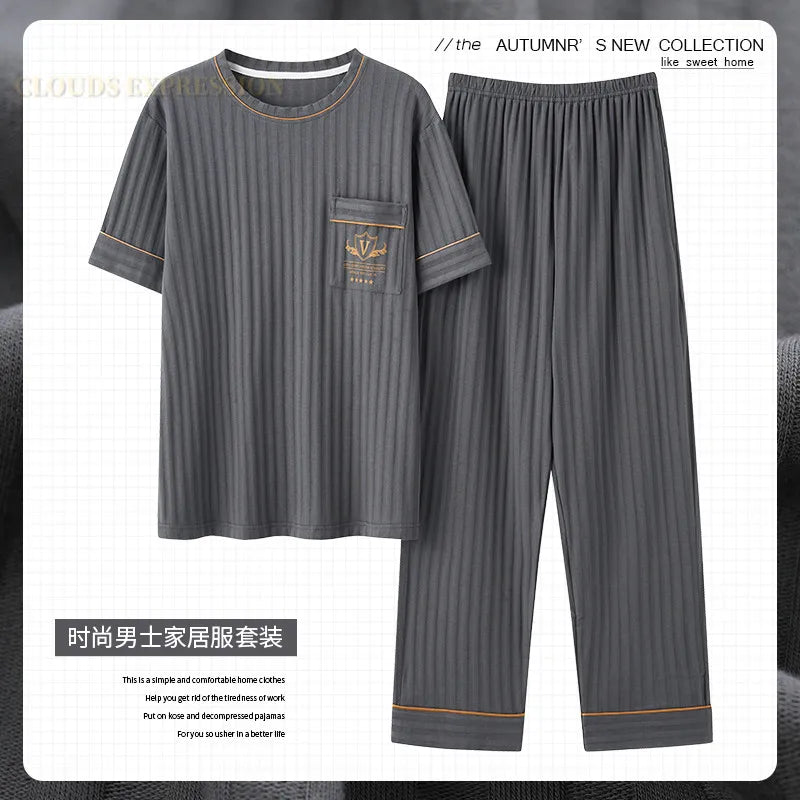 L-5XL Summer Elegant Men Pyjamas Knited Cotton Pajamas Set Long Pant Sleepwear Pyjamas Night Suits Pijamas Plus Size Homewear PJ