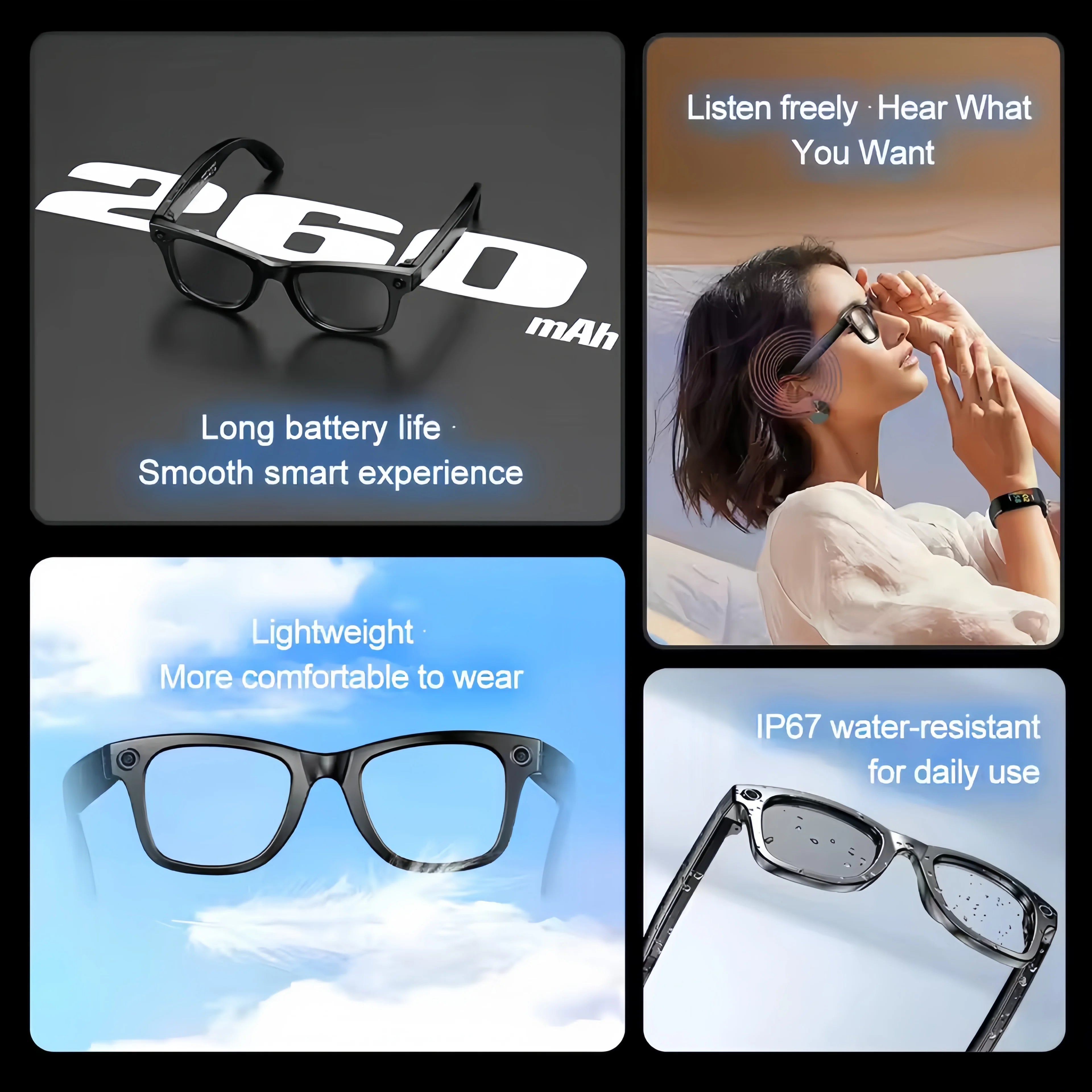 AI Smart Glasses with Camera 4K HD Video and PhotoCapture Real-TimeTranslation Voice Recording Open-Ear Audio Object Recognition