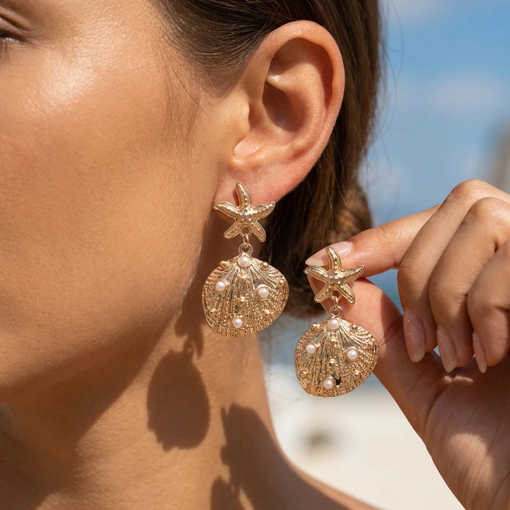 Bohemia Gold Color Metal Starfish Long Tassel Drop Earrings For Women Crystal Zircon Conch Shell Scallops Earring Beach Jewelry