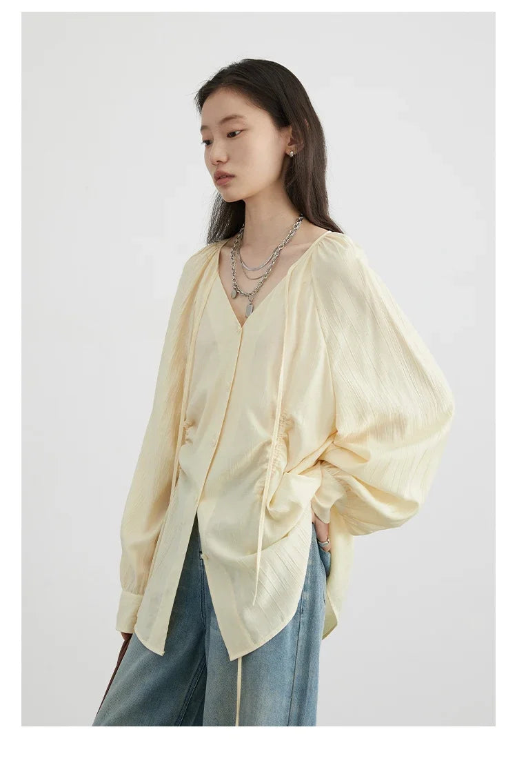CHIC VEN Women Shirts Korean Loose Soild V-neck Long Sleeved Blouses Fashion Design Soft Lace Up Ladies Tops Summer New 2024