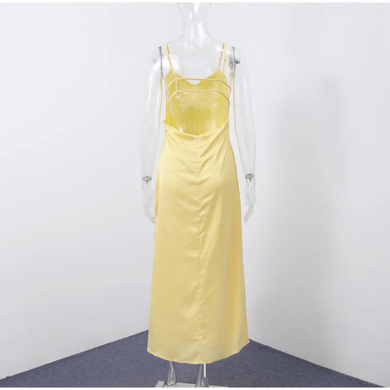 Summer Satin Deep V Neck Maxi Dresses Sleeveless Backless Lace Up Slim Fit Long Robes 2025 Lady New Holiday Fashion Clothing