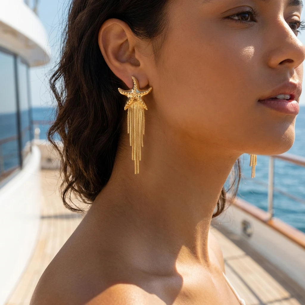 Bohemia Gold Color Metal Starfish Long Tassel Drop Earrings For Women Crystal Zircon Conch Shell Scallops Earring Beach Jewelry