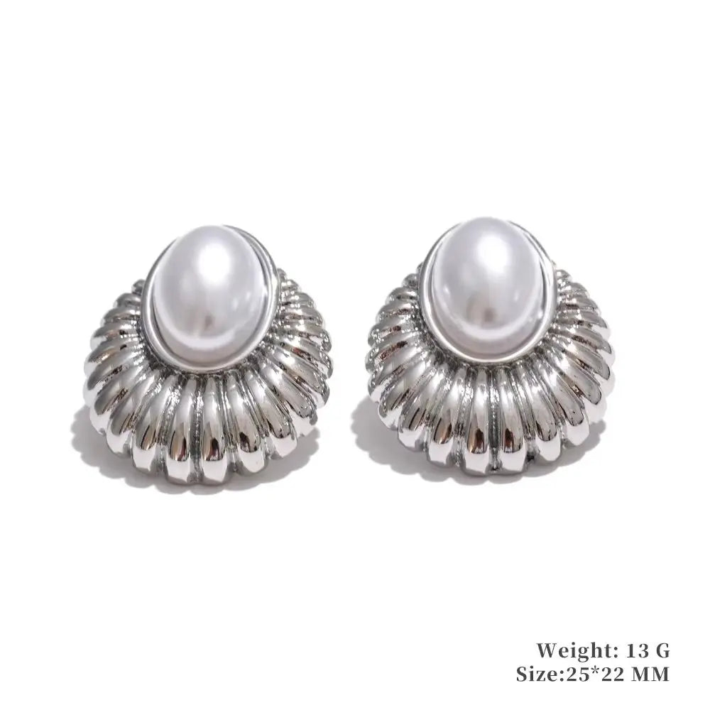 Yhpup Trending Stainless Steel Imitation Pearls Round Square Stud Earrings Korean Daily Versatile Vintage Chic Fashion Jewelry