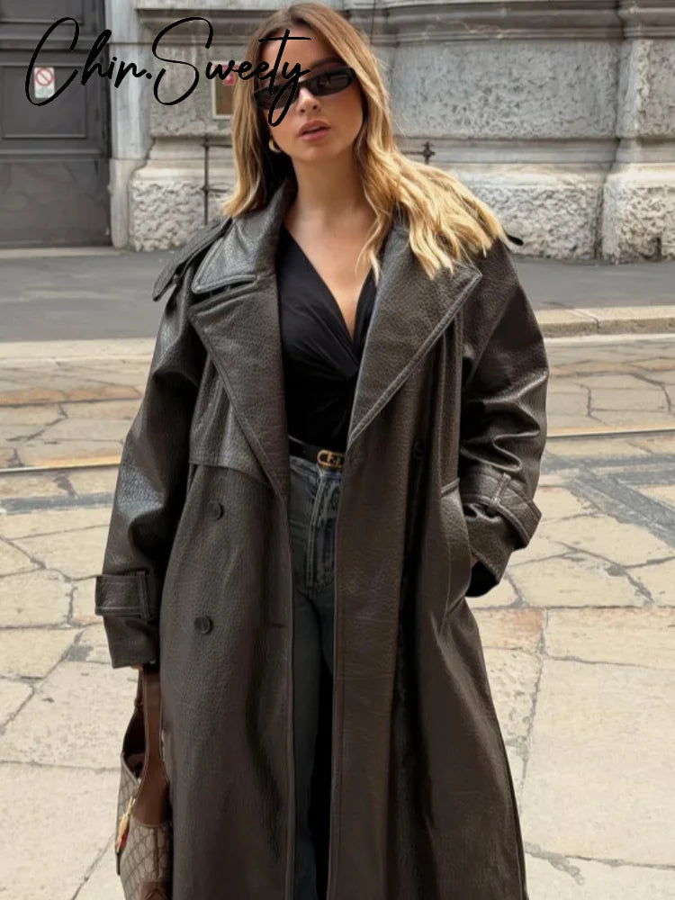 Street Pu Leather Women Long Coat Fashion Long Sleeve Button Belt Lapel Pocket Female Outwear 2025 Autumn Winter Lady Jacket New