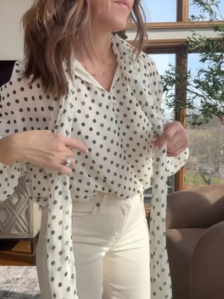 Polka Dot Lace Up Bow Shirt Women Casual Long Lantern Retro Sleeve Pleated Loose Blouse Lady 2026 Spring Commute Office Outwears