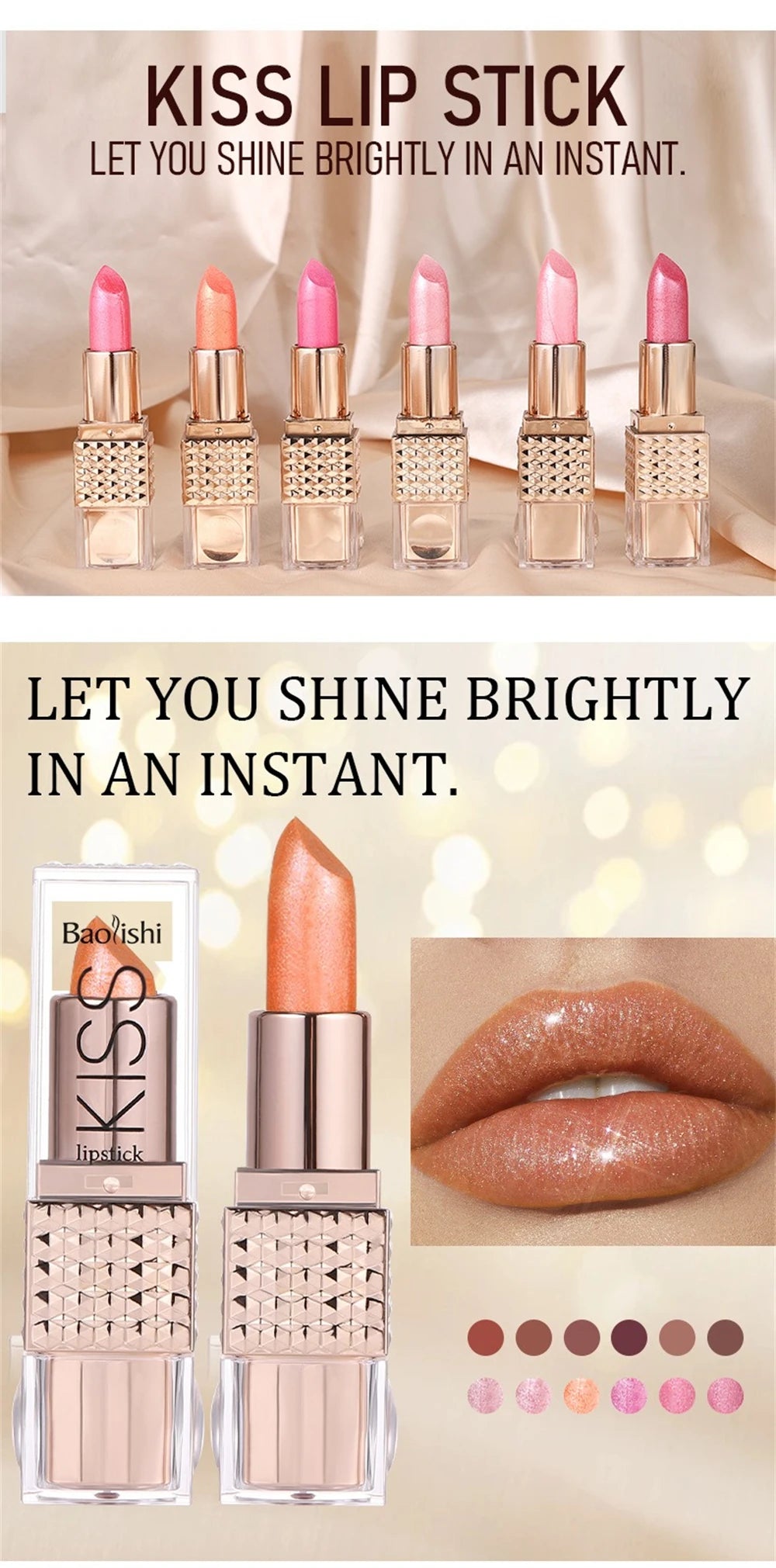 12 Colors Glitter Shiny Lipstick Waterproof Long Lasting Pearlescent Shimmer Lip Tint Diamond Easy Color Lipstick Deluxe Makeup