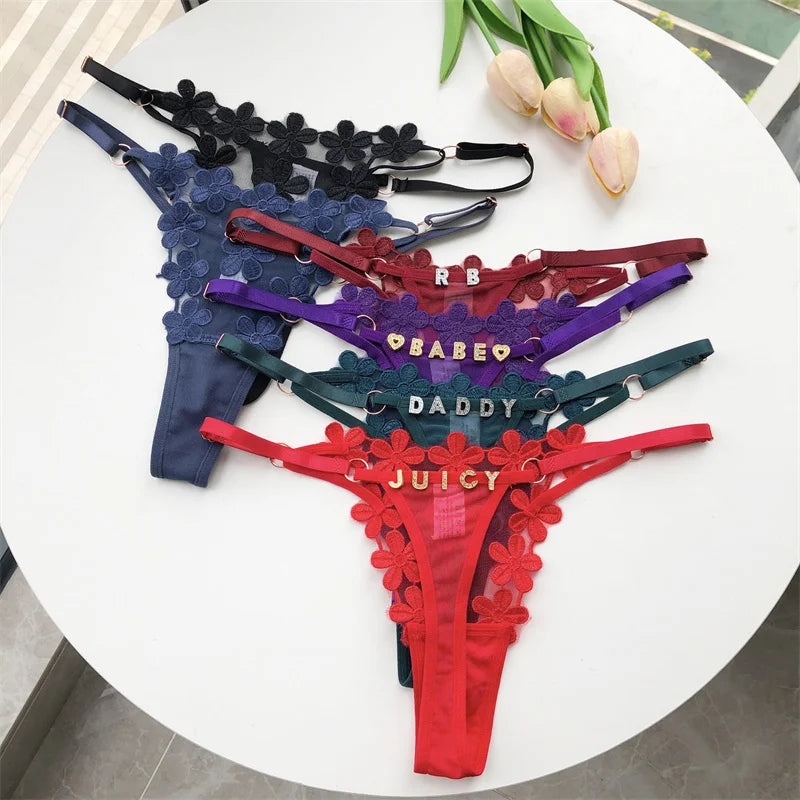 Customized Crystal Letter Sexy Embroidered Women's Low Waist Underwear BikiniG-Strings Adjustable Waist Underwear Hot Wife Gift