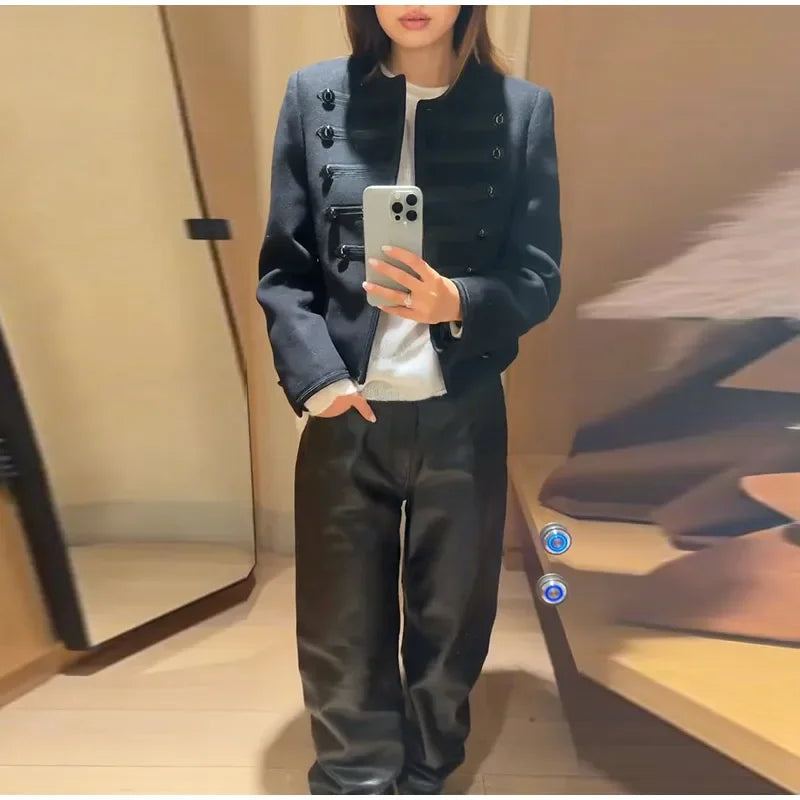 Elegant O-neck Long Sleeve Double Breasted Coats Fashion Black Cropped Jacket For Women 2026 Spring Chic Lady Outerwear Street