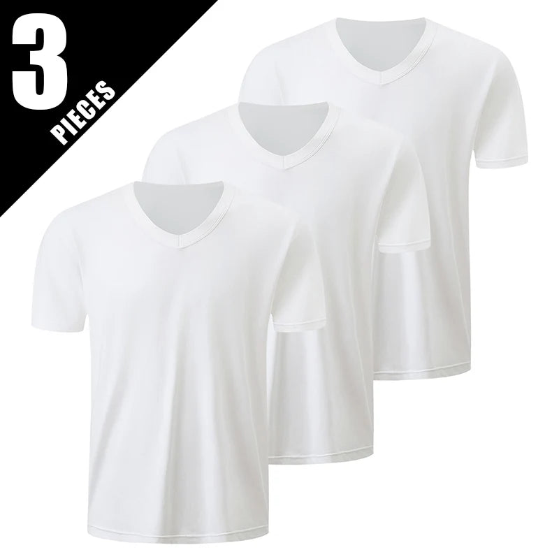 1/2/3 Pcs Men's Solid Color Casual Small White T Youth Loose Joker Classic V-neck Comfortable Short Sleeve Simple Fashion T-shir