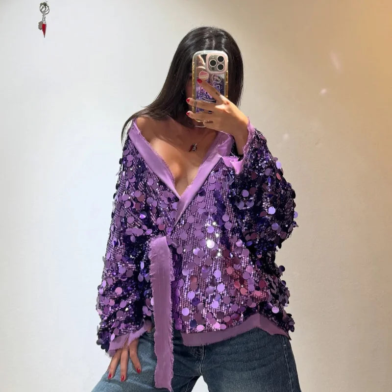 Fashion Sequins Short Jackets Women Gliter Lapel Long Sleeve Zipper Street Jacket Female 2026 Spring Lady Streetwear New