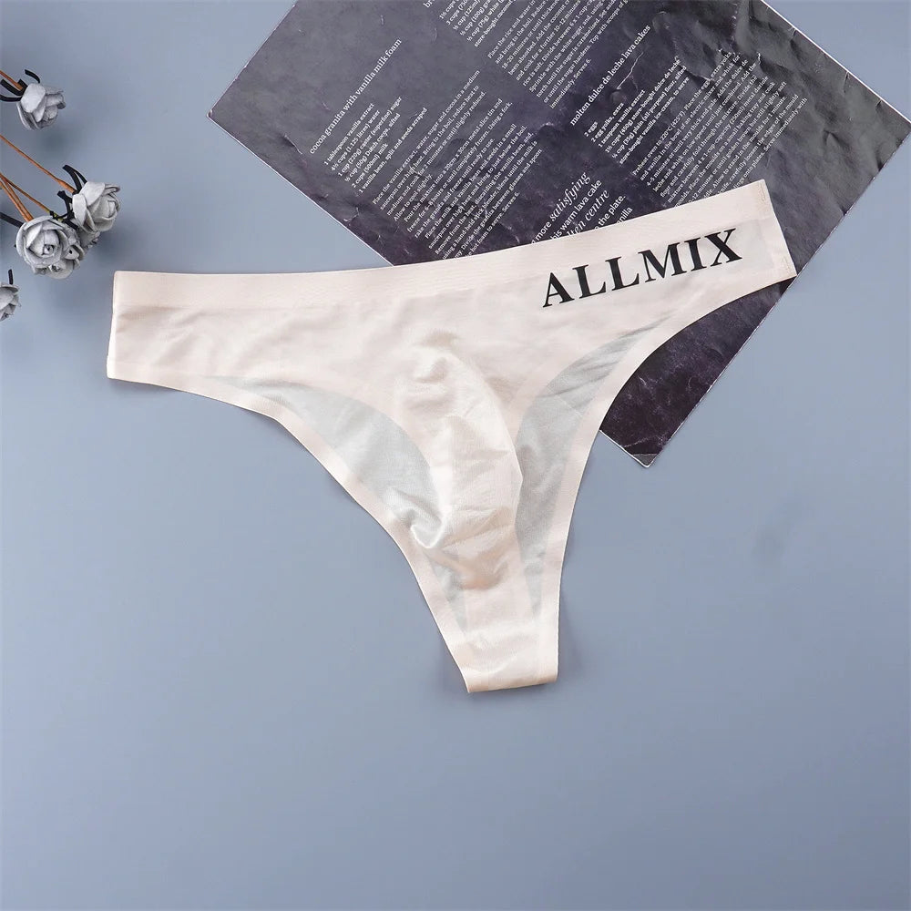 Sexy Transparent Man Ice Silk Underwear Male Thongs Sports Letter Waist Ultra Thin Seamless G-string Panties Low Rise Breathable