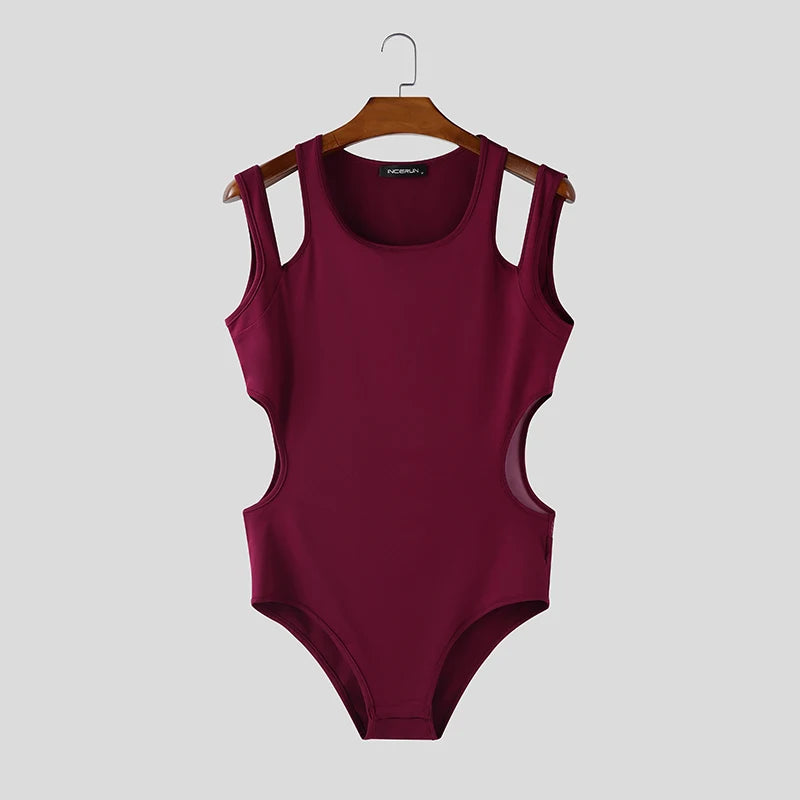 INCERUN Men Bodysuits Mesh Patchwork See Through O-neck Sleeveless Hollow Out Male Rompers Streetwear Sexy 2026 Fashion Playsuit