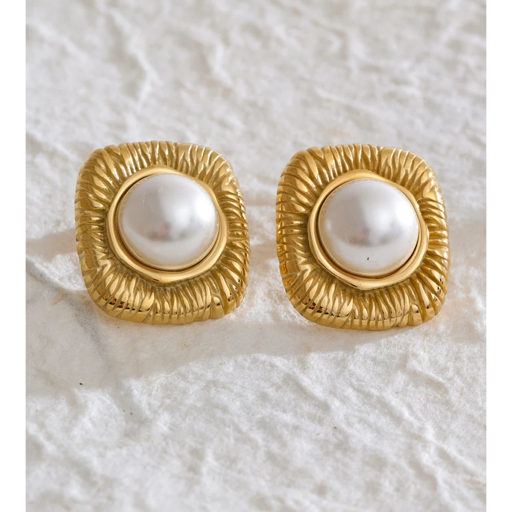 Yhpup Trending Stainless Steel Imitation Pearls Round Square Stud Earrings Korean Daily Versatile Vintage Chic Fashion Jewelry
