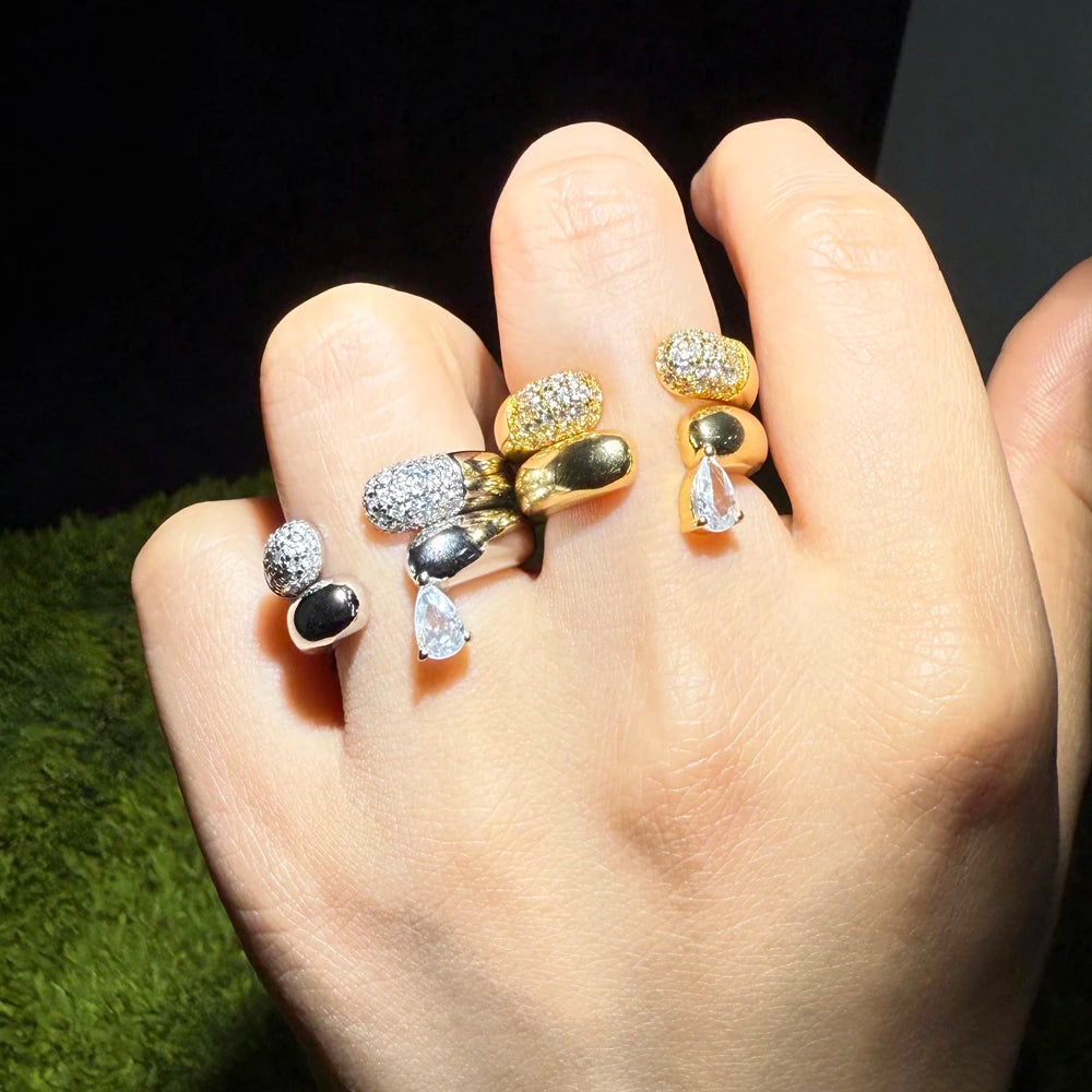 2026 New Arrivals Stacking Open Finger Rings Pave Bling Water Drop Cubic Zirconia For Women Fashion Geometric Jewelry