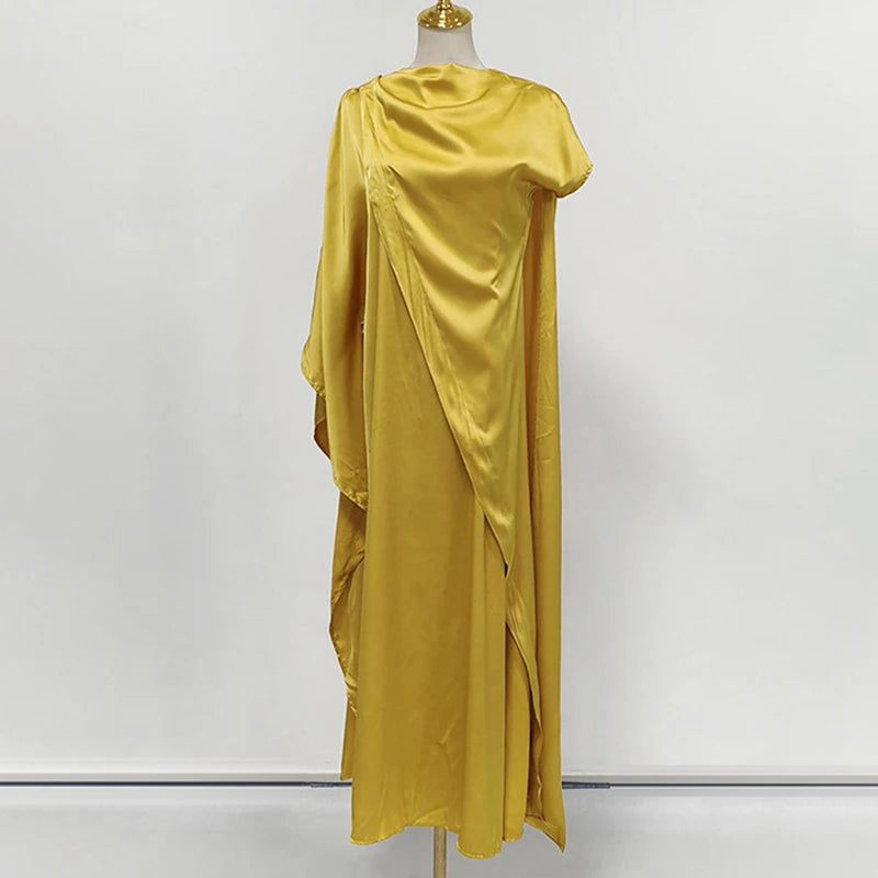 Women Casual Hight Waist Solid Color Satin Dress 2026 Fashion Draped Loose Long Dresses Elegant O-neck Asymmetrical Sleeve Gowns