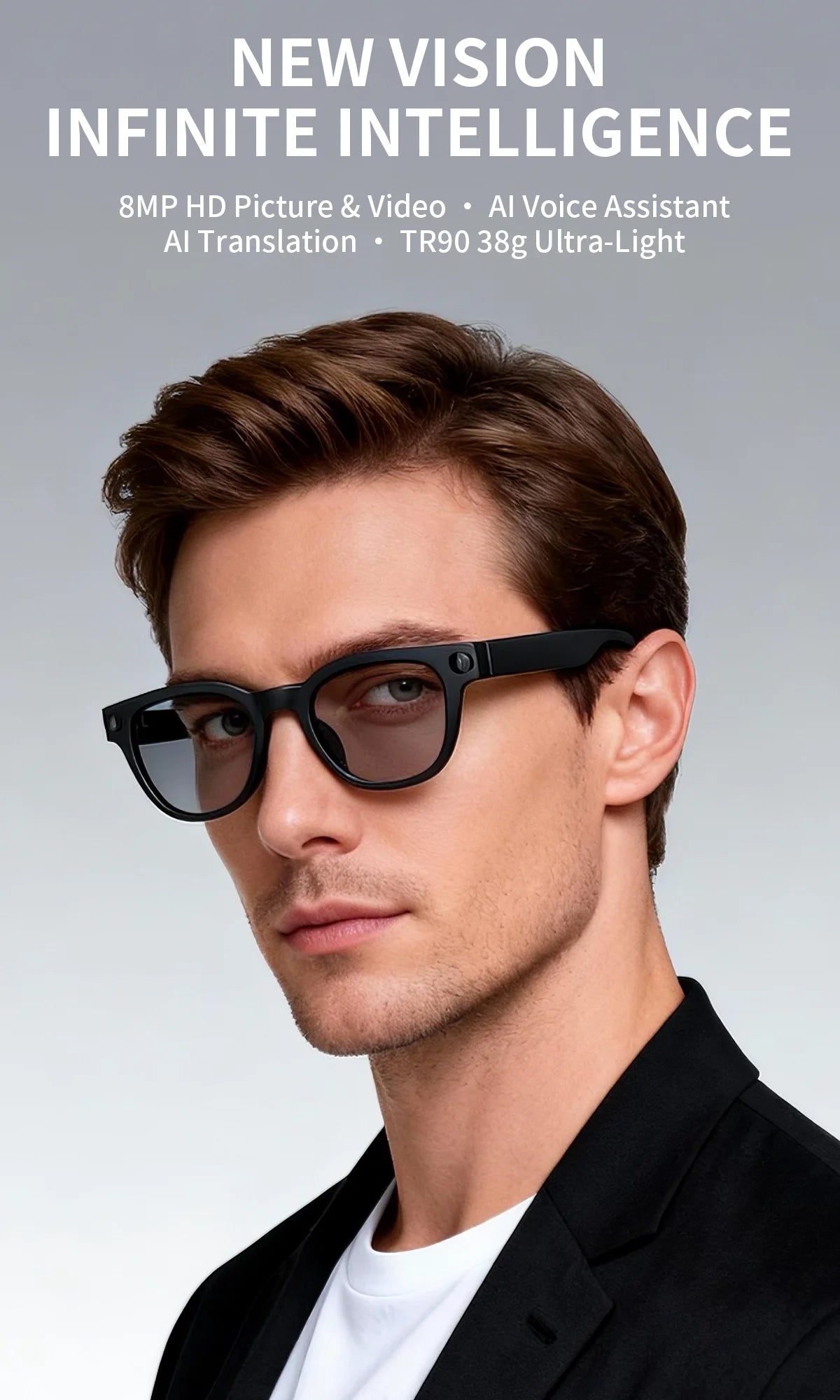 2026AI smart glasses HD 800W anti-shake camera AI dialogue real-time translation IP67waterproof Bluetooth audio smart sunglasses
