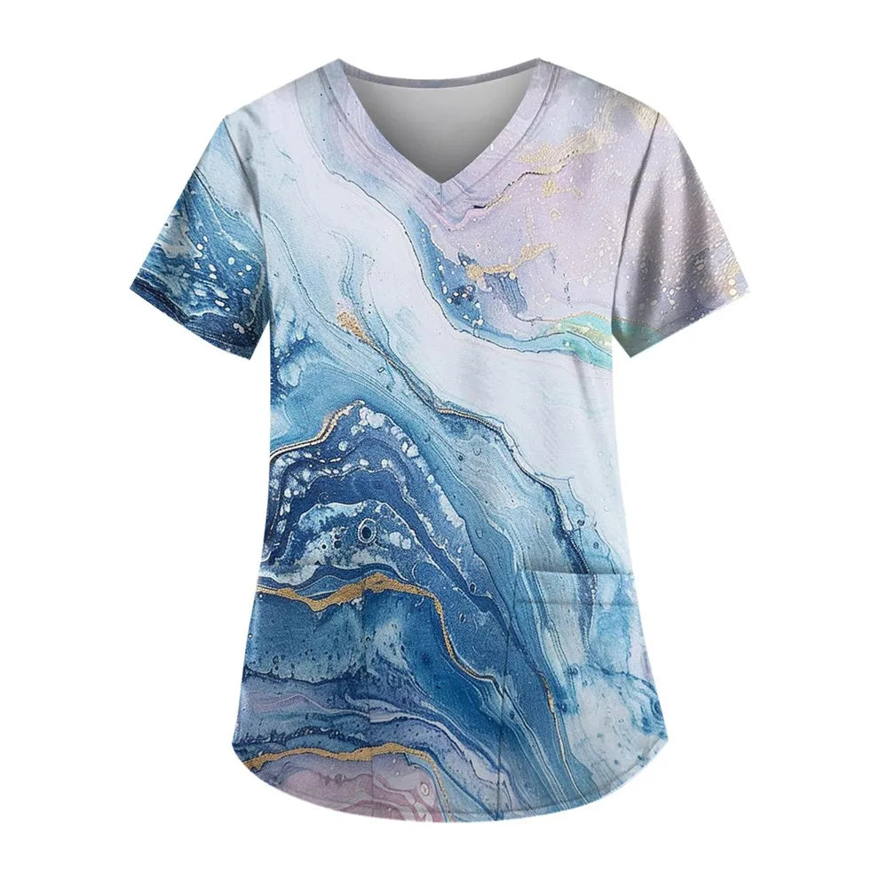 Gradient Printing Nurses Uniforms Women Fashion Short Sleeve V Neck Working Blouse Tops With Pockets Women's Medical Uniform