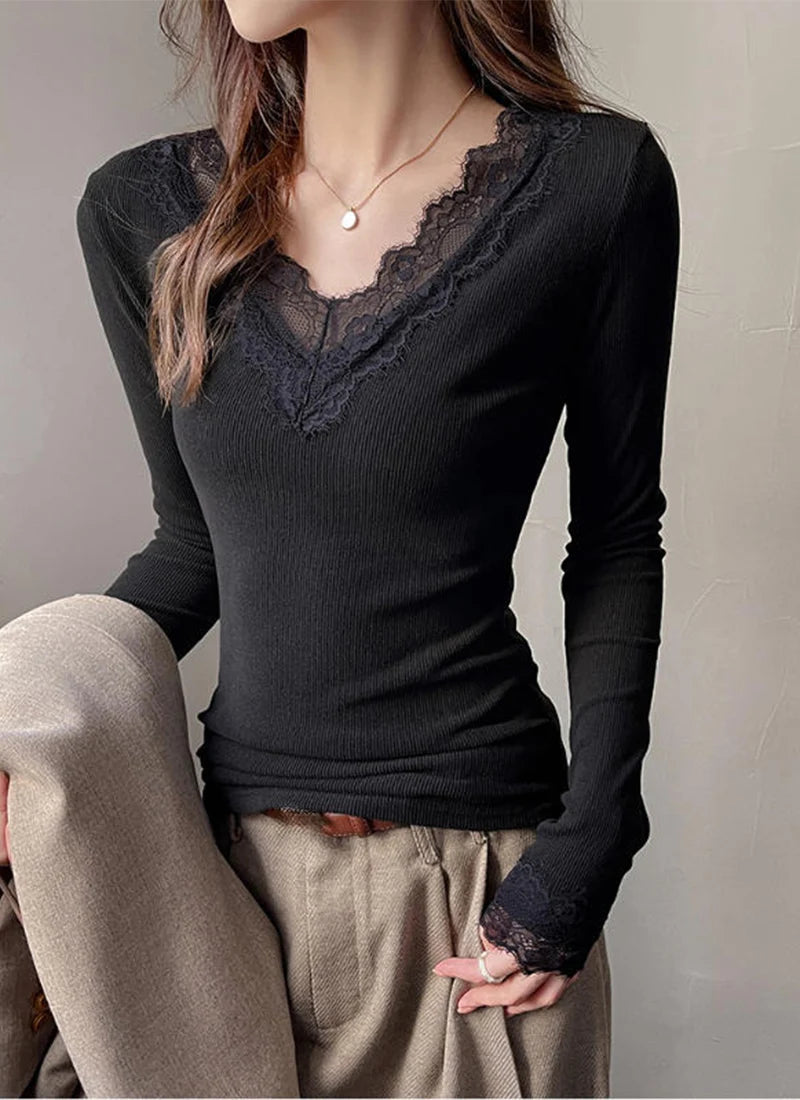 Sexy V-Neck Long Sleeve T-Shirt Women Fashion Lace Patchwork Solid Color Bottoming Shirt Spring Autumn Stretch Slimming Base Tee
