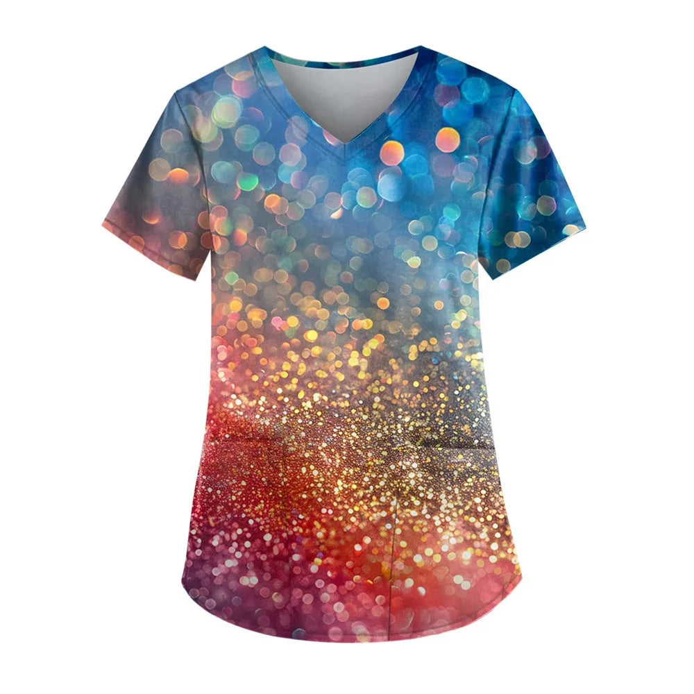 Gradient Printing Nurses Uniforms Women Fashion Short Sleeve V Neck Working Blouse Tops With Pockets Women's Medical Uniform